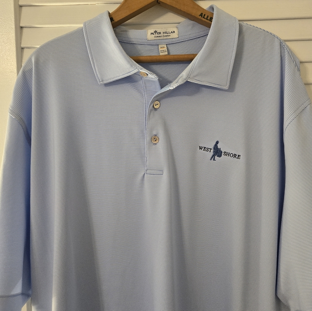 Peter Millar Mens Polo, Light Blue Striped, 2XL / XXL, Excellent Condition